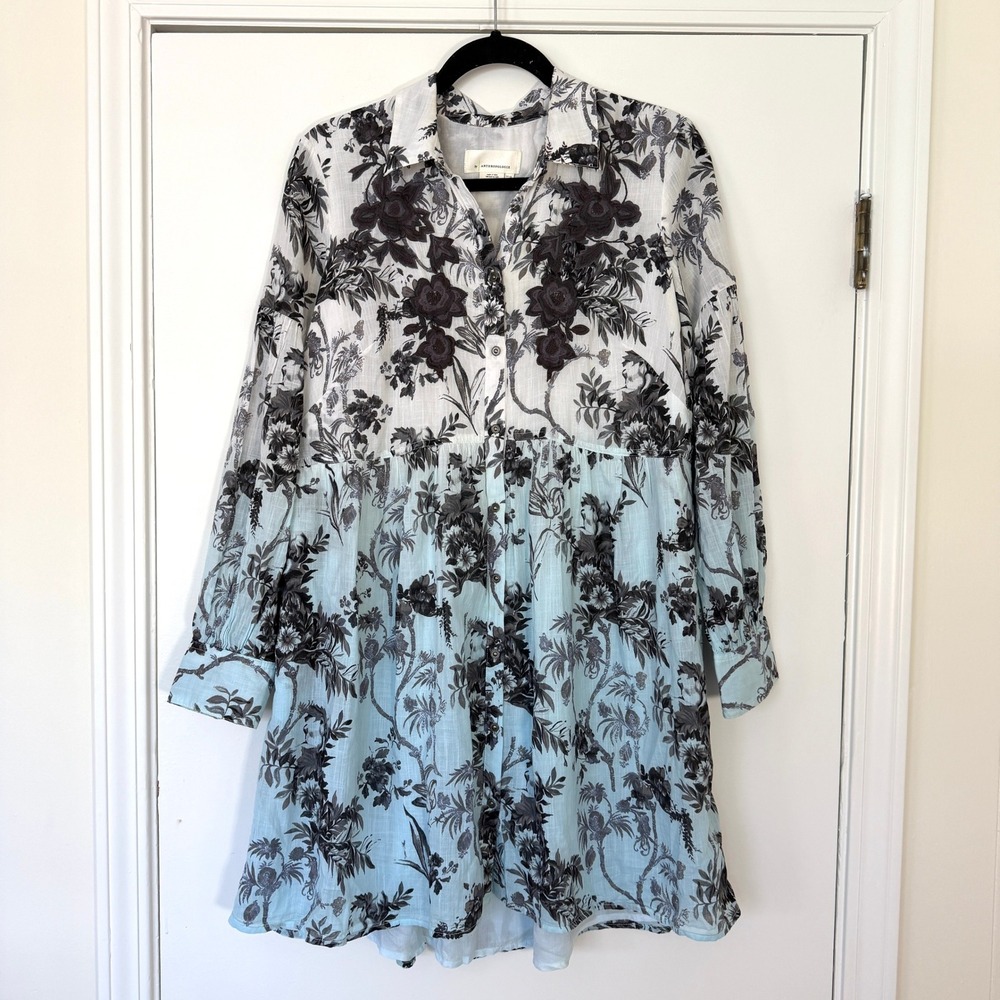 Anthropologie Lavinia Embroidered Blue White Floral Cotton Shirt Dress Size 8 - Picture 3 of 9